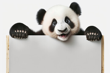 Fototapety  AI generated  illustration of happy smiling anima panda holding blank placrad