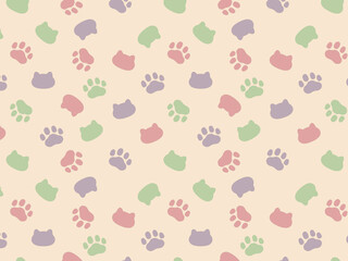 淡いカラーの猫と肉球のシームレスな背景イラスト