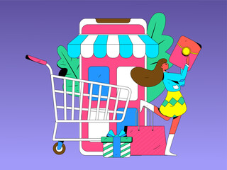 Festive Shopping E-Commerce Online Shopping People Flat Vector Concept Operation Hand Drawn Illustration
