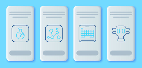 Set line Chemical formula, Periodic table, Cracked flask and Gas mask icon. Vector