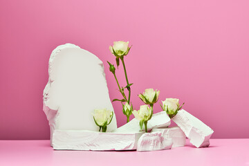 White stones and white roses isolated on pink background