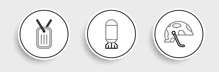 Set line Military helmet, dog tag and Aviation bomb icon. Vector