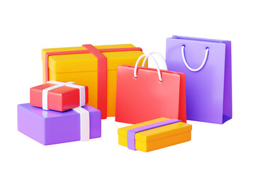 Fototapeta premium Shopping bag and box pile 3d render - group of various shop and gift paper packs.