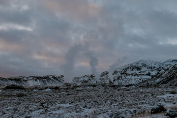 Iceland raw snow landscape at sunset 