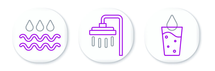 Set line Glass with water, Wave drop and Shower icon. Vector