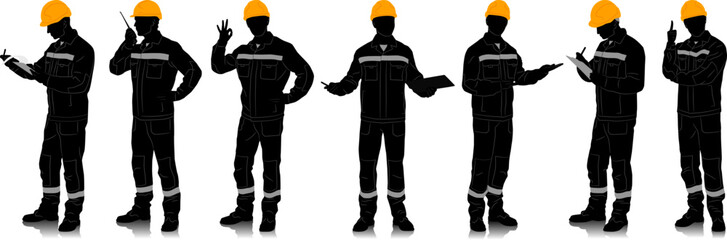 Silhouette of worker with a helmet. Worker wearing overalls with safety band. Different poses. Vector illustration set isolated on white. Full length view