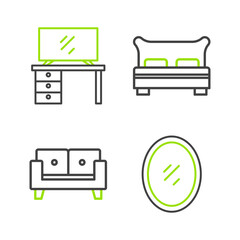 Set line Mirror, Sofa, Big bed and TV table stand icon. Vector