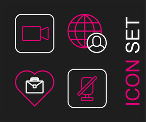 Set line Mute microphone, Heart with text work, Freelancer and Camera icon. Vector