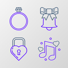 Set line Music note, tone with hearts, Castle in the shape of, Ringing bell and Diamond engagement ring icon. Vector