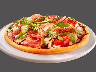 Pizza mit Salami und Tomaten dazu Rucola und Parmesan