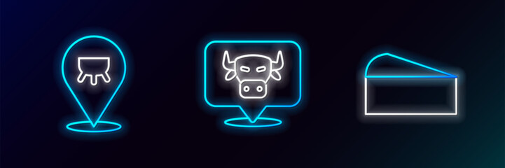 Set line Cheese, Udder and Cow head icon. Glowing neon. Vector