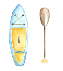 Blue inflatable surfboard with paddle. Sketch, symbol of summer, good mood. Hand drawn watercolor painting isolated on white background