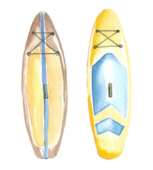 Summer hobby. Set of two watercolor inflatable paddle boards in yellow and brown on a white background. Freehand illustration for your design