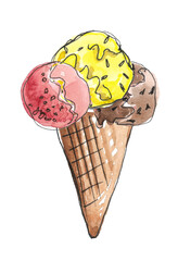 Ice cream waffle cone with scoops of chocolate, berry and lemon flavors. Hand drawn watercolor illustration isolated on white background