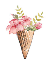 Ice cream cone with pink flowers on a white background. Hand drawn watercolor illustration