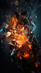 studio photography of a burning ice crystal and smoke in black reflective back