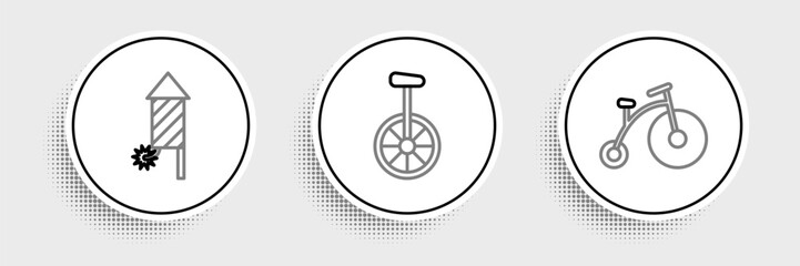 Set line Vintage bicycle with one big wheel and one small, Firework rocket and Unicycle icon. Vector © Oksana