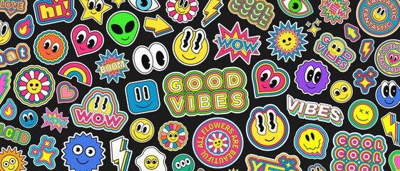 Cool Groovy Stickers Background. Trendy Pop Art Patches Texture. Y2k Collage Backdrop. Smile Funky Badges. - obrazy, fototapety, plakaty