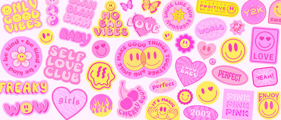 Cool Groovy Stickers Background. Y2k Patches Collage. Pop Art Girly Pink Illustration Vector Design. Funky Pattern.