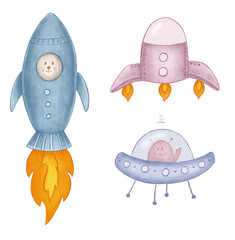 Watercolor space clipart, kids science, technology, cartoon racket in universe, spaceship, wallpaper, wall decor, wall decal