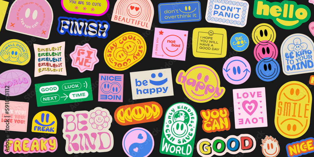 Poster cool groovy stickers background. y2k patches collage. pop art illustration vector design. funky patt