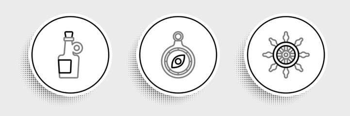 Set line Ship steering wheel, Alcohol drink Rum and Compass icon. Vector