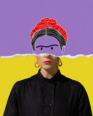 Contemporary art collage with doodles. Young woman in the image of a famous artist Frida Kahlo with half-faced drawings. Retro style, comparison of eras, fashionable characters, classic concept.