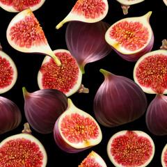 Seamless pattern of ripe figs whole and separately, drawn with a colored pencil. Graphic texture on a black background for packaging, fabric and wallpaper.