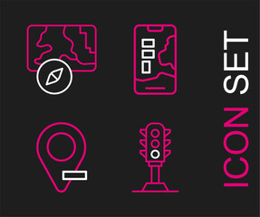 Set line Traffic light, Location, City map navigation and icon. Vector