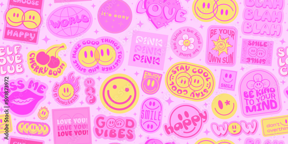 Poster cool y2k seamless pattern. stickers collage textute. trendy groovy background. pop art patches. comi