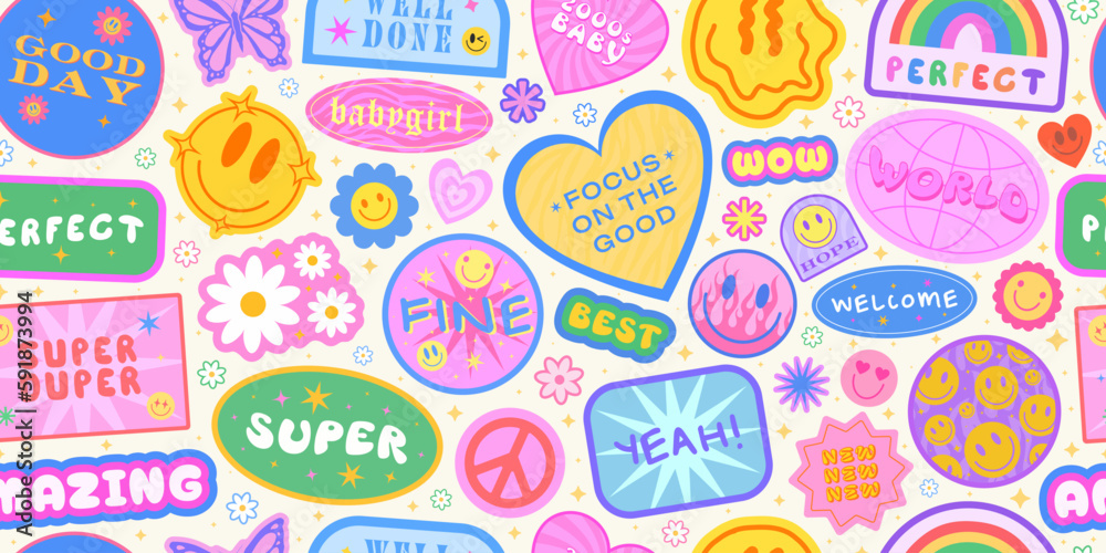 Poster cool y2k seamless pattern. stickers collage textute. trendy groovy background. pop art patches. comi