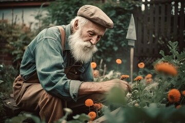 Senior Gardener Tending to Plants in the Garden (Ai generated)