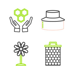 Set line Honeycomb, Flower, Beekeeper with protect hat and and hands icon. Vector