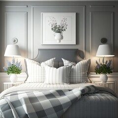 Modern light gray romantic bedroom, generated with AI