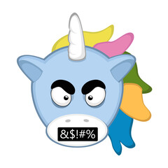 vector illustration face of a cartoon unicorn with an angry expression and a censored insult in the mouth