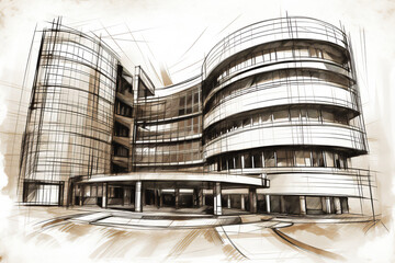 Architectural ink drawing design which is a blue print design by an architect for the construction plan of  business complex for the construction industry, computer Generative AI stock illustration