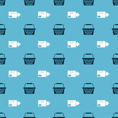 Set Shopping basket and Carton cardboard box on seamless pattern. Vector