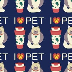 Pattern with a bottle of shampoo for animals, cats, dogs, and the text I love pet, pet care.