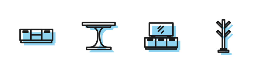 Set line TV table stand, Furniture nightstand, Round and Coat icon. Vector