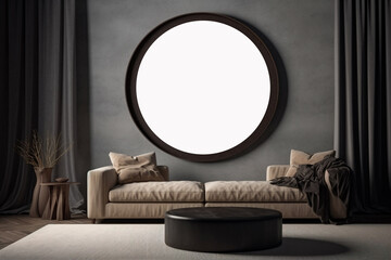 Elegant living room, couch and round circle frame mockup. Generative AI 3D render home interior design