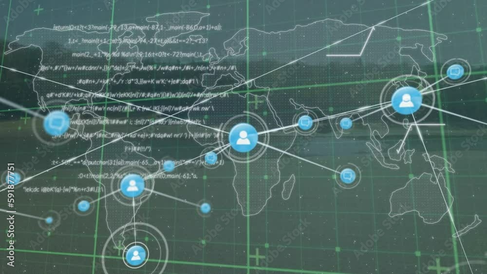 Poster animation of networks of connections and data processing over grid and world map