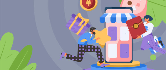 Festive Shopping E-Commerce Online Shopping People Flat Vector Concept Operation Hand Drawn Illustration
