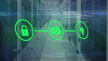 Animation of lock, camera, bulb forming flowchart over digital globe and networking racks