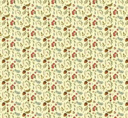 Botanical pattern. Cozy forest illustration. Berries, branches, flowers, cones. Cover design, abstract pattern, wrapping paper, textile print. Nature, plant.