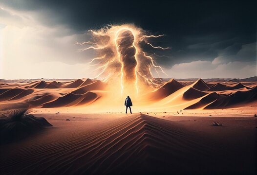 person in the desert look power explotion in the middle of the desert with sky black. Generative AI