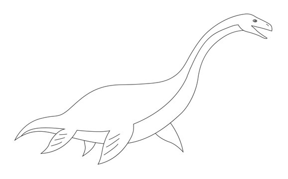 Prehistoric underwater dinosaur plesiosaurus with fins. Predatory sea lizard. Long neck. Scary jaws with teeth. Wildlife of the Jurassic period. Vector black and white outline illustration