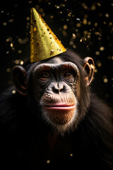 fröhlicher Affe mit Partyhut und Konfetti in Partystimmung. Generative Ai.
