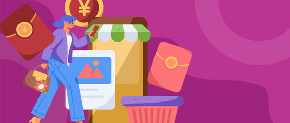 Festive Shopping E-Commerce Online Shopping People Flat Vector Concept Operation Hand Drawn Illustration
