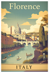Florence Cathedral, Arno river in Florence, Italy. tourism poster illustration in retro style. Generative AI - obrazy, fototapety, plakaty