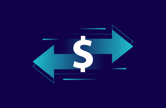 Transfer arrows with dollar sign. Two arrows with different directions left and right. Concept of digital money send, receiving or exchanging, currency exchange, cashback. Vector illustration